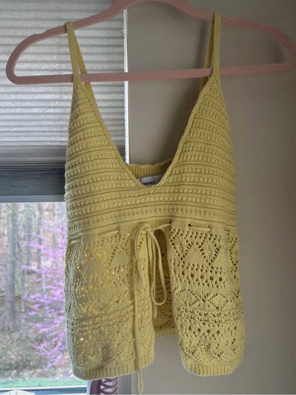 Bershka Pale Yellow Crocheted V-Neck Camisole with Front Tie